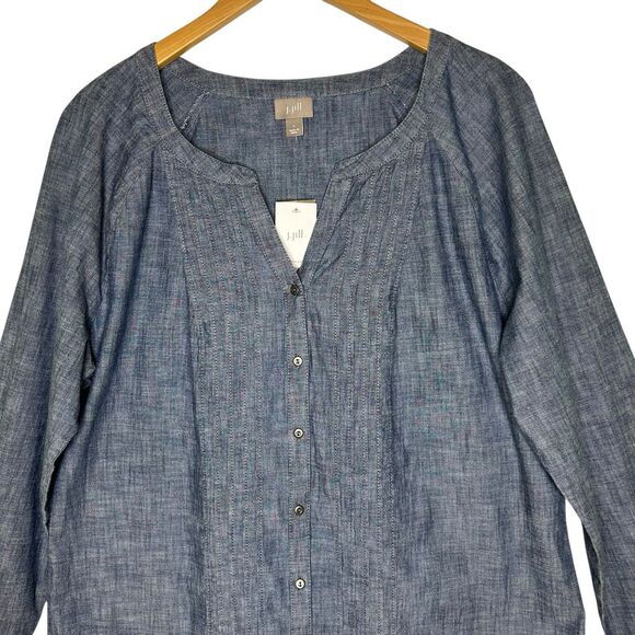 NEW J.Jill Shift Dress LARGE Chambray Pintuck Button Front Long Sleeves Boho - Picture 3 of 13